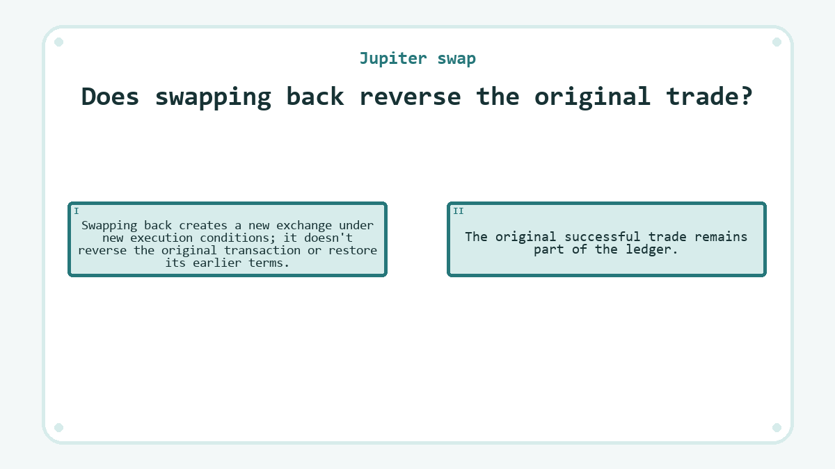 Does swapping back reverse the original trade?: Swapping back creates a new exchange under new execution conditions; it doesn't reverse the original transaction or restore its earlier terms.; The original successful trade remains part of the ledger.