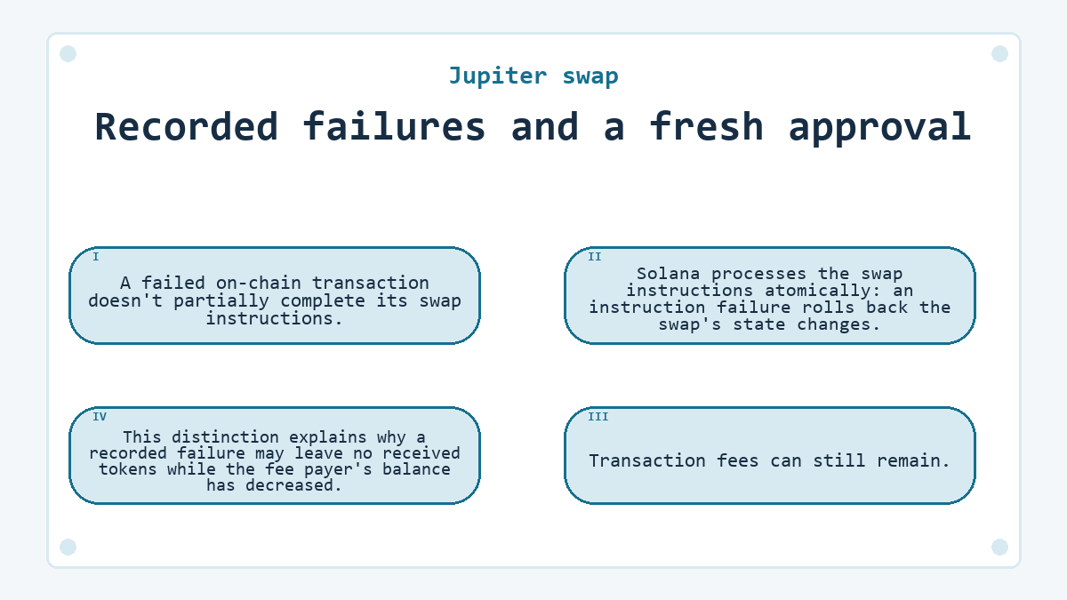 Recorded failures and a fresh approval: A failed on-chain transaction doesn't partially complete its swap instructions.; Solana processes the swap instructions atomically: an instruction failure rolls back the swap's state changes.; Transaction fees can still remain.; This distinction explains why a recorded failure may leave no received tokens while the fee payer's balance has decreased.